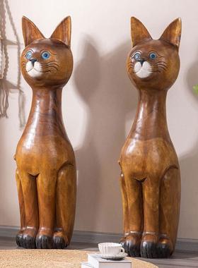 东南亚小猫木雕落地大摆件泰国装饰会所民宿客厅装饰品迎宾