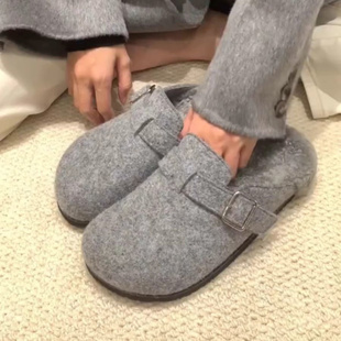 灰色厚底勃肯鞋女外穿毛毛拖鞋2025新款秋冬季雪地靴包头半拖棉拖