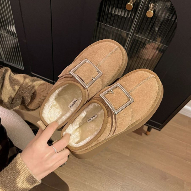 2025年新款暖冬奶栗~!加绒厚底方扣半托雪地靴懒人包头拖栗色外穿,女鞋,其他拖鞋,淘宝优惠券,粉丝福利购,淘宝优惠卷