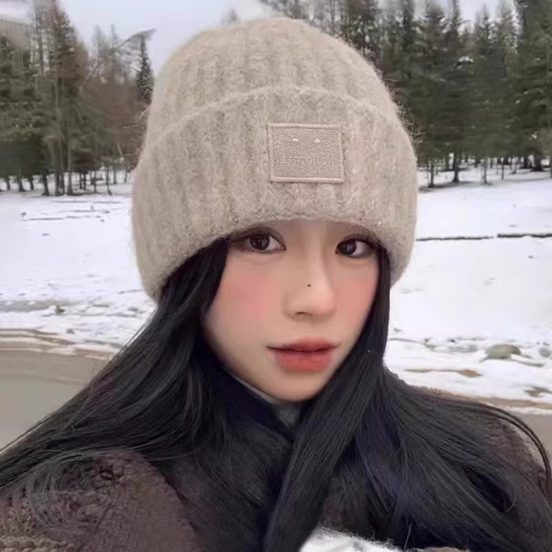 韩版简约时尚针织毛线帽子女秋冬加厚保暖护耳防寒大头围包头帽潮
