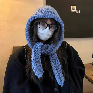 巴拉克法帽日系毛线帽子女秋冬季保暖防风护耳百搭针织帽围巾一体