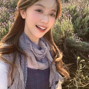 藤井树同款古早灰蓝色波点蕾丝边丝巾木耳边长款围脖拍照薄款围巾