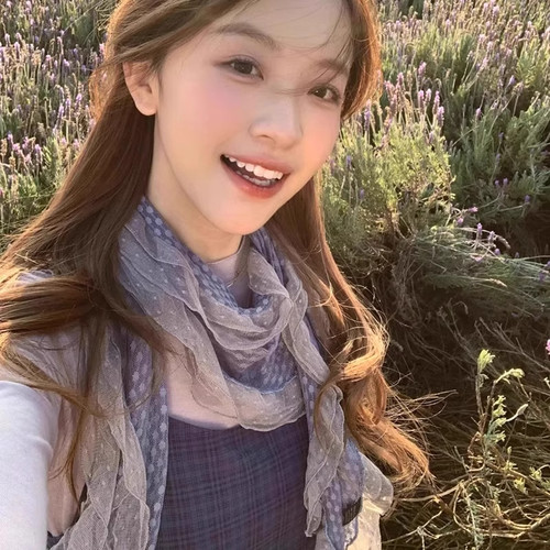 藤井树同款古早灰蓝色波点丝巾