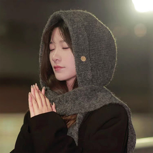 时髦叠穿披肩帽子围巾一体针织帽女秋冬保暖高级感包头围脖外搭