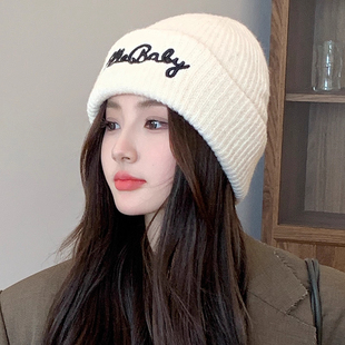 韩系简约字母粗针织帽子女冬季加厚保暖大头围毛线帽显脸小滑雪帽