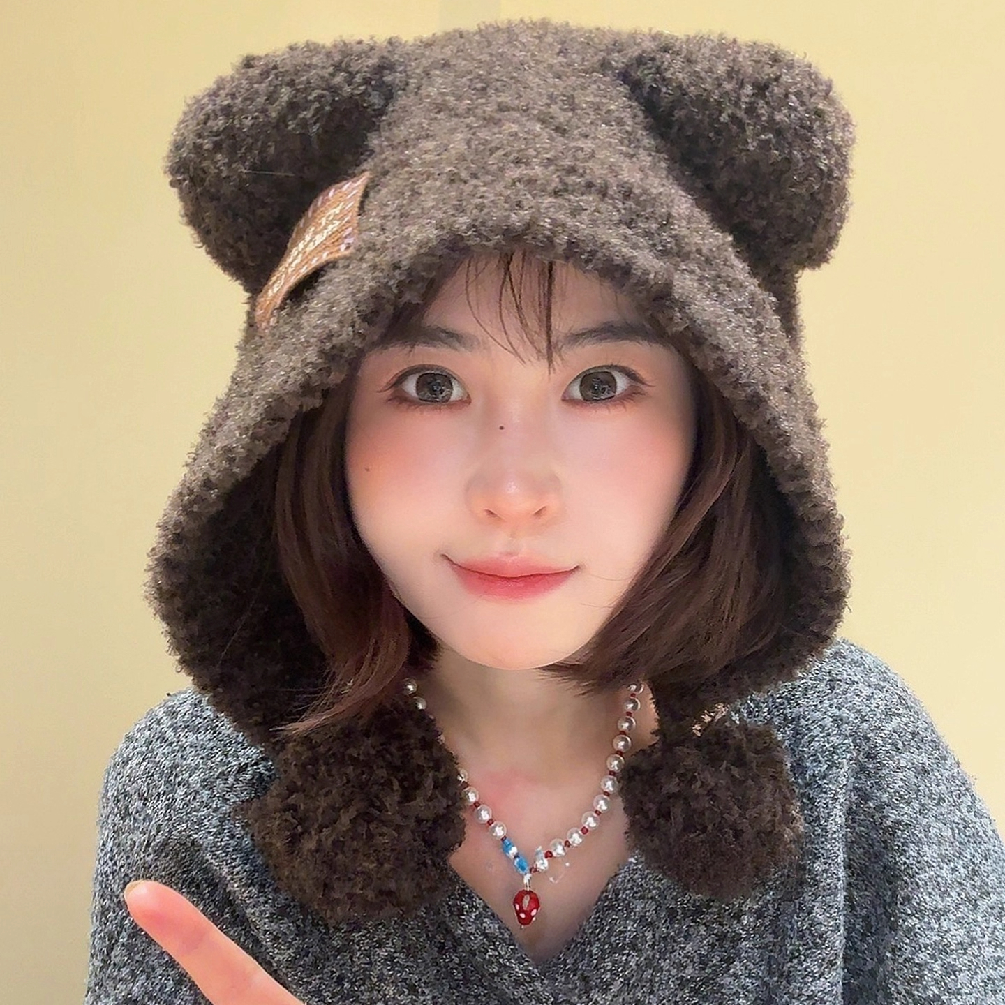 甜美可爱小熊耳朵球球毛绒帽子女秋冬保暖巴拉克拉法帽保暖护耳帽