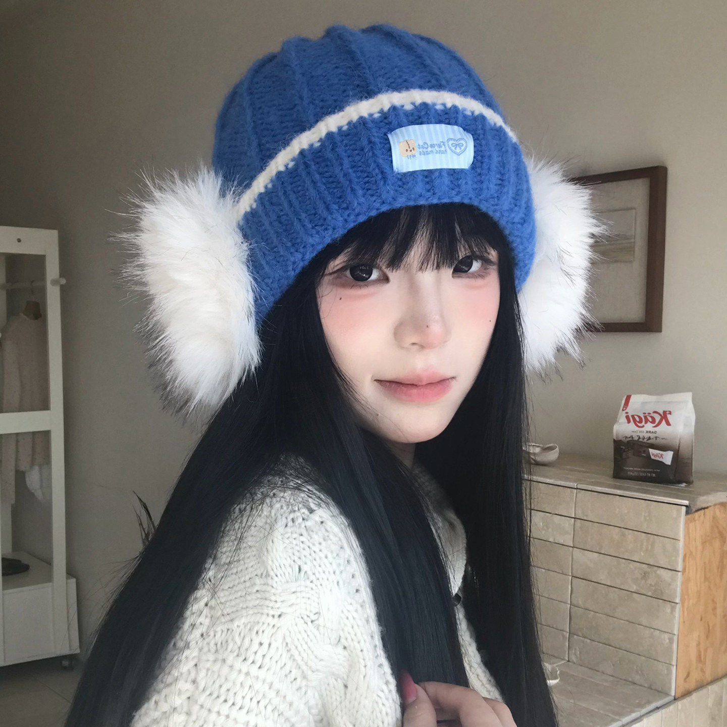 韩系甜美毛绒针织帽女秋冬保暖