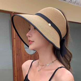 夏季大檐可折叠草帽女2025新款防紫外线出游时尚百搭遮脸空顶帽子
