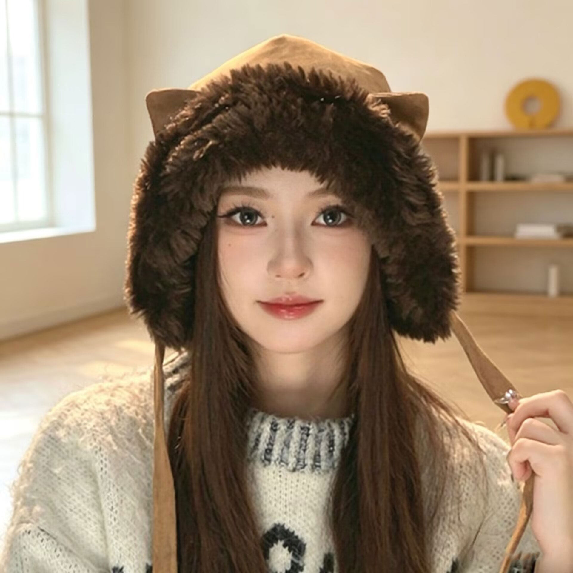 冬季日系猫耳毛绒护耳雷锋帽女款