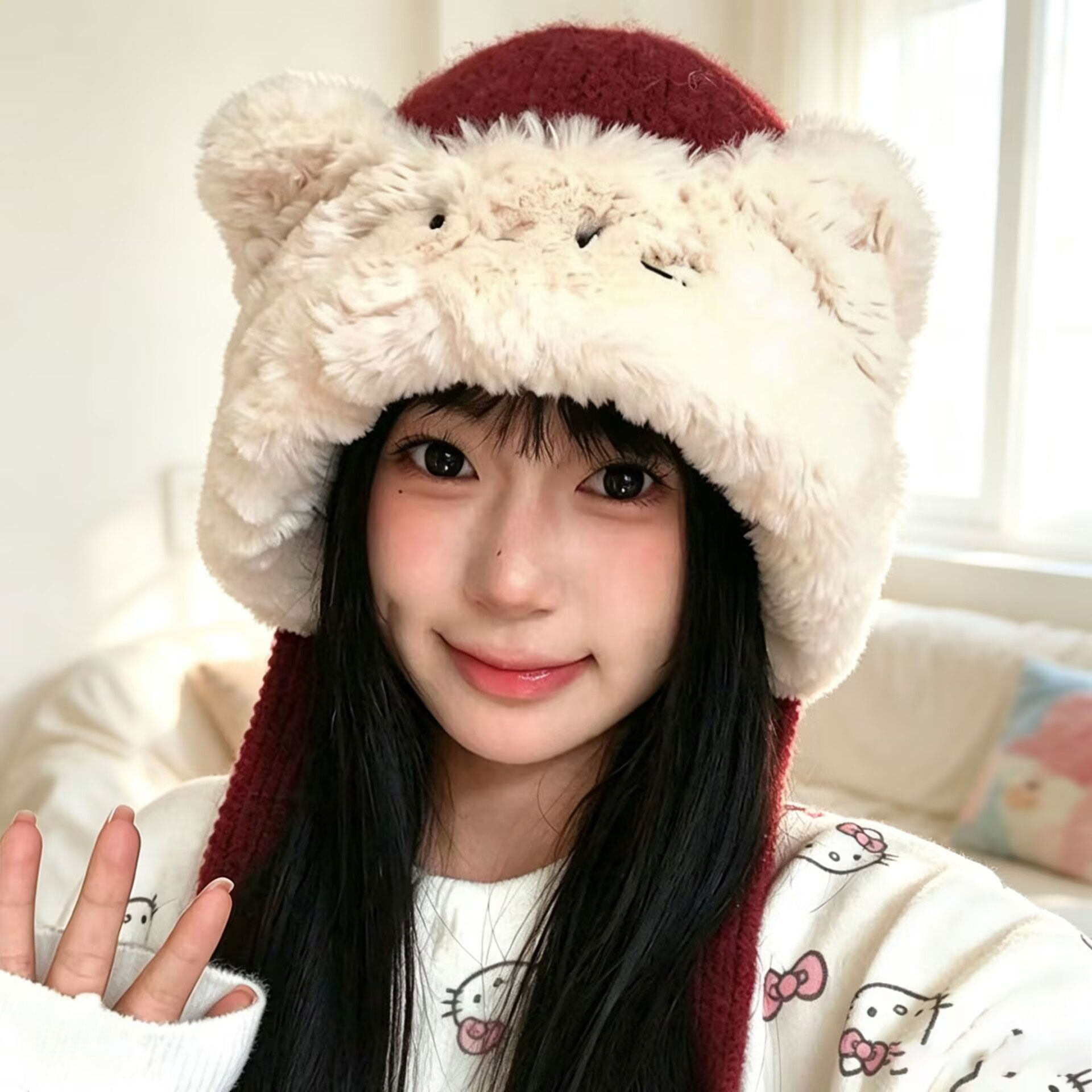 韩系可爱猫咪毛绒帽女秋冬季加厚保暖护耳防寒帽子时尚绑带针织帽