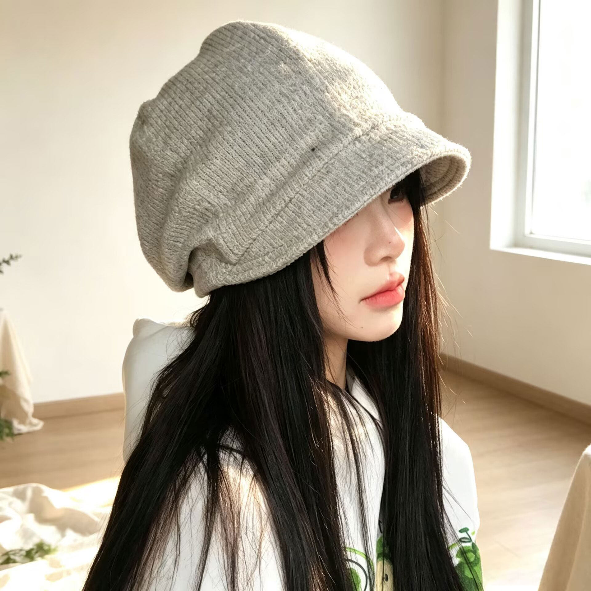 韩版纯色简约短檐包头帽女秋冬针织堆堆帽显脸小百搭时尚休闲冷帽