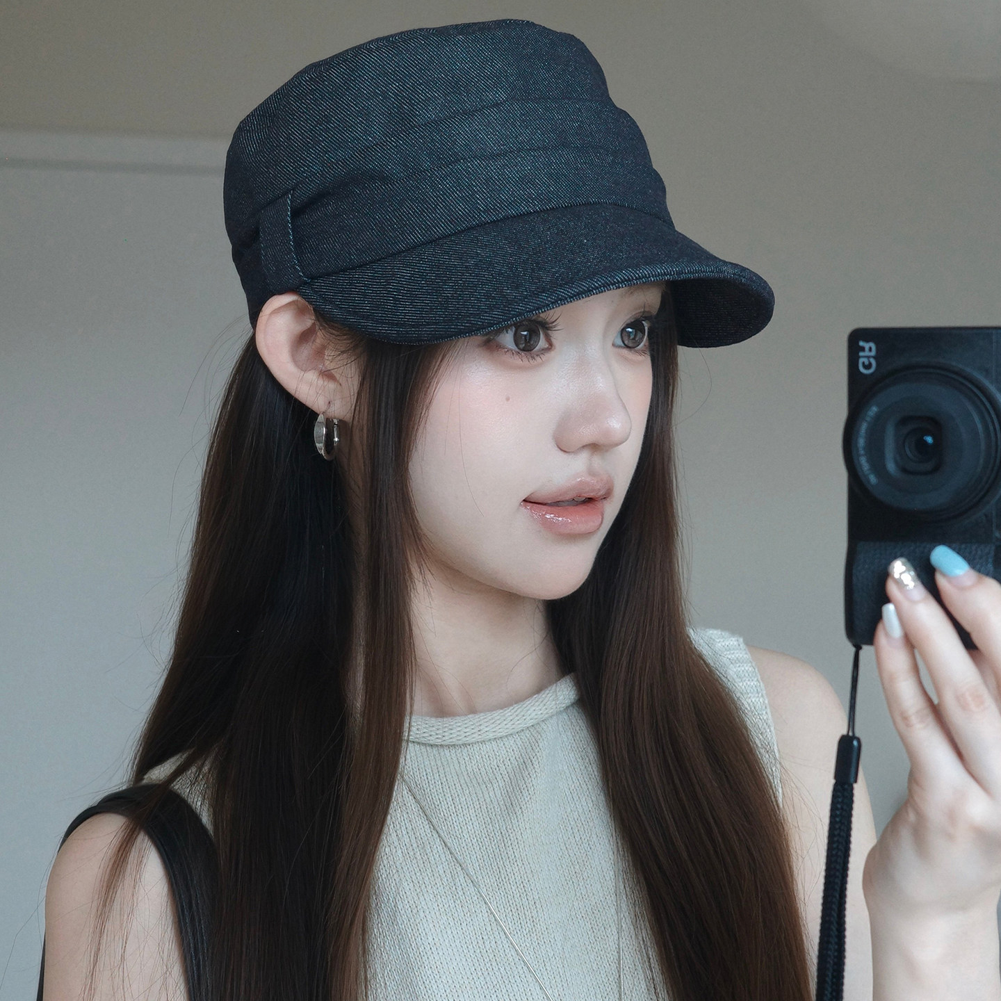 夏季牛仔蝴蝶结马术贝雷帽女