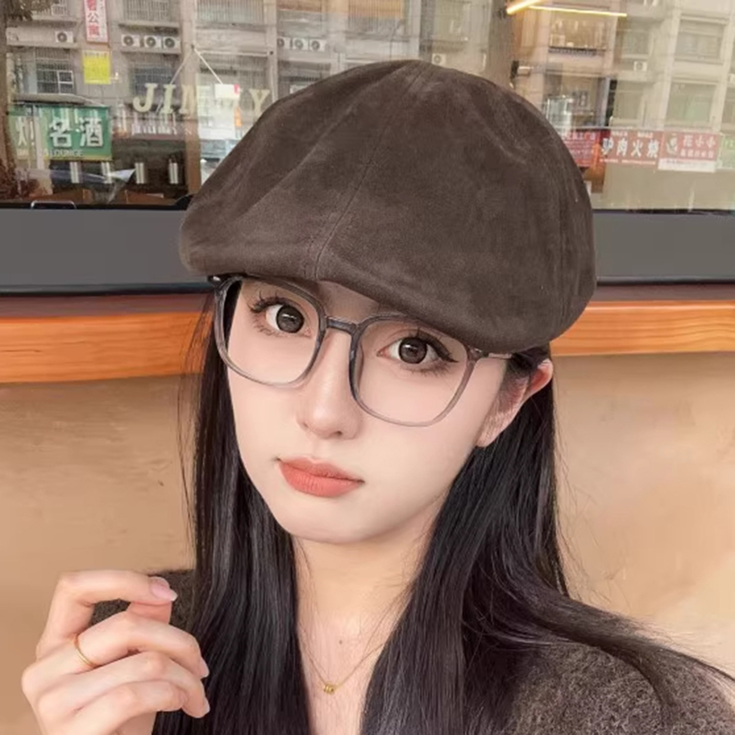 日系复古麂皮绒显脸小贝雷帽