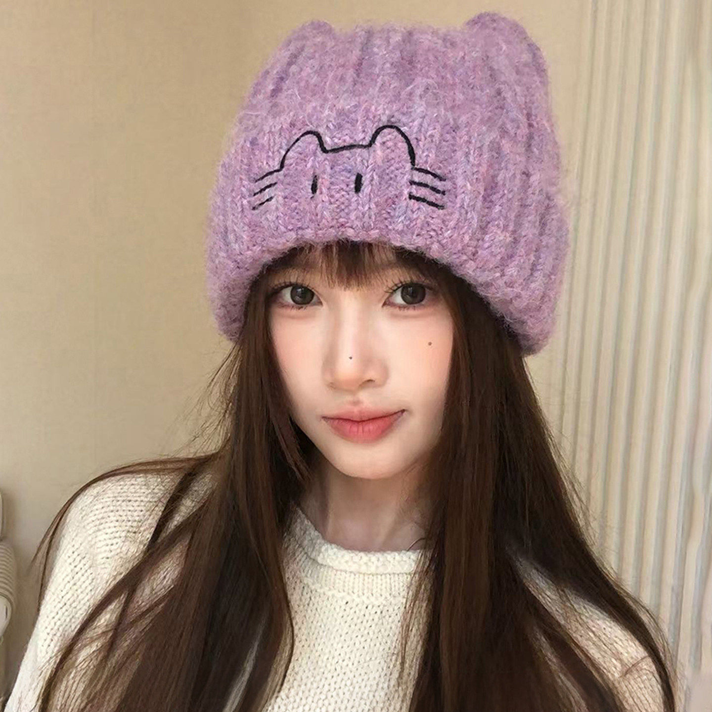 秋冬猫耳刺绣保暖护耳针织帽女