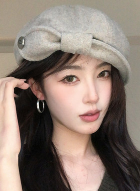 复古蝴蝶结贝雷帽女秋冬保暖帽子