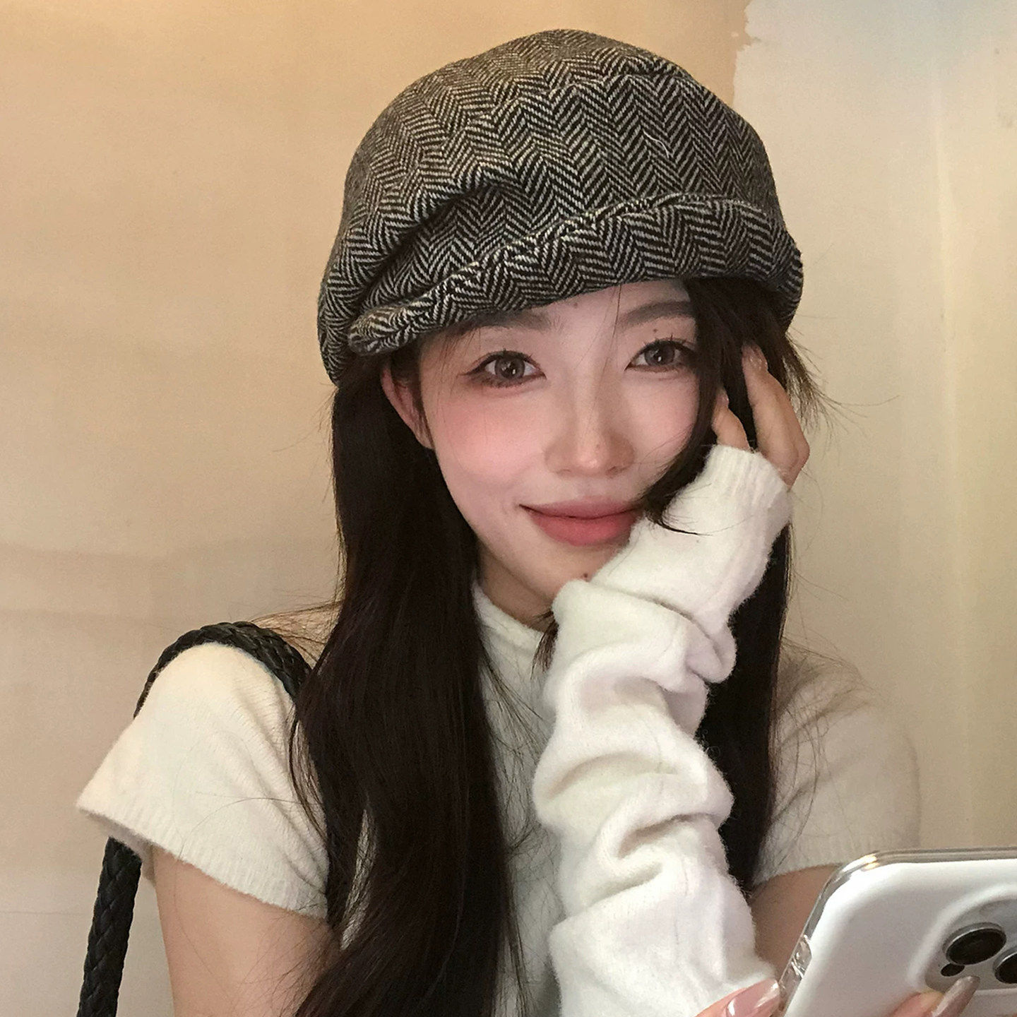 日系复古条纹八角贝雷帽女秋冬