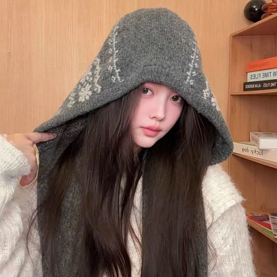 韩版大头围巴拉克拉法帽子女秋冬围巾一体帽费尔岛风针织毛线帽潮