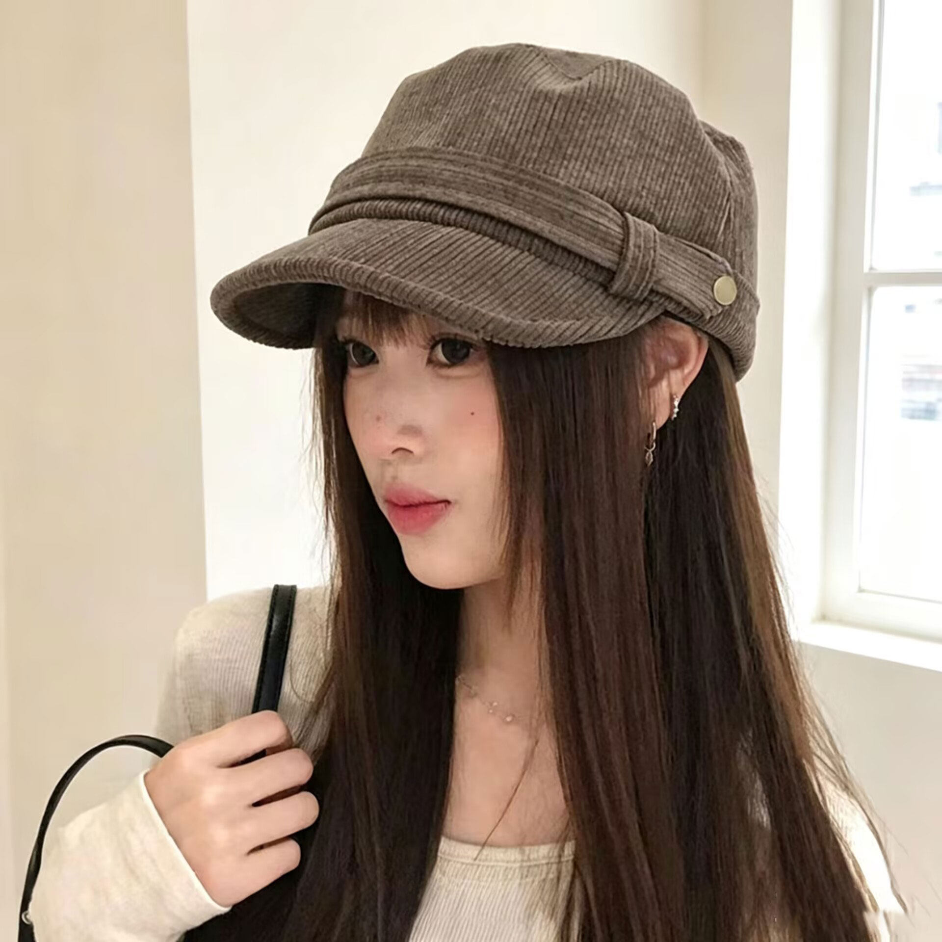 复古灯芯绒报童帽女秋冬显脸小