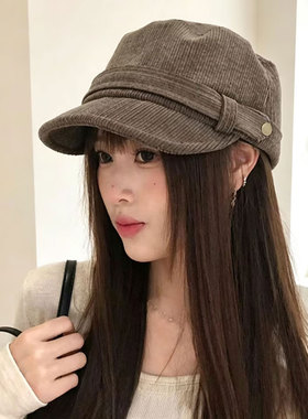 复古灯芯绒报童帽女秋冬显脸小