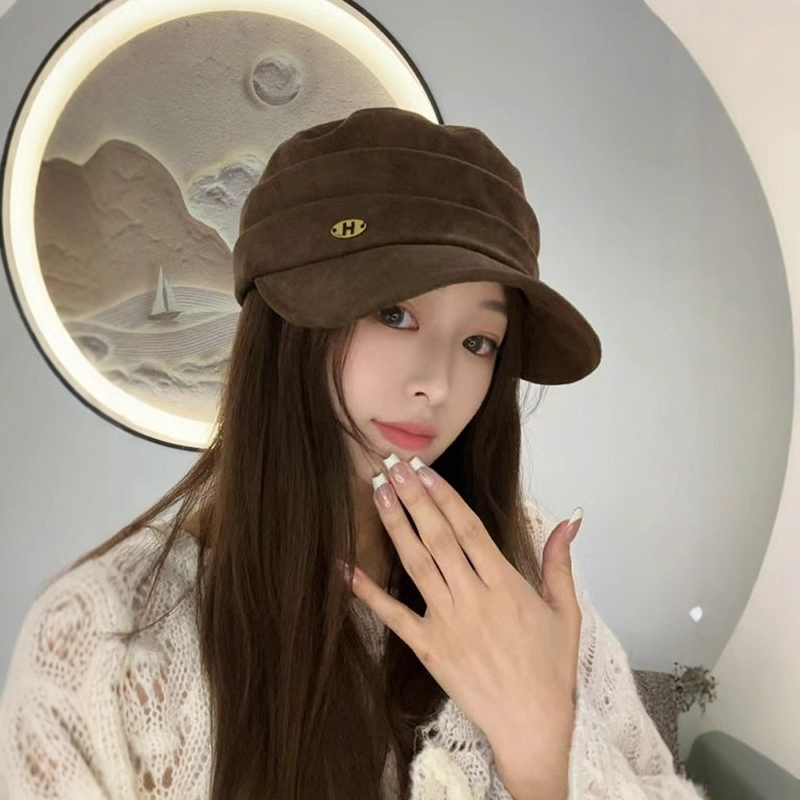 麂皮绒复古鸭舌贝雷帽子女款2025新款春秋季做旧休闲报童帽显脸小