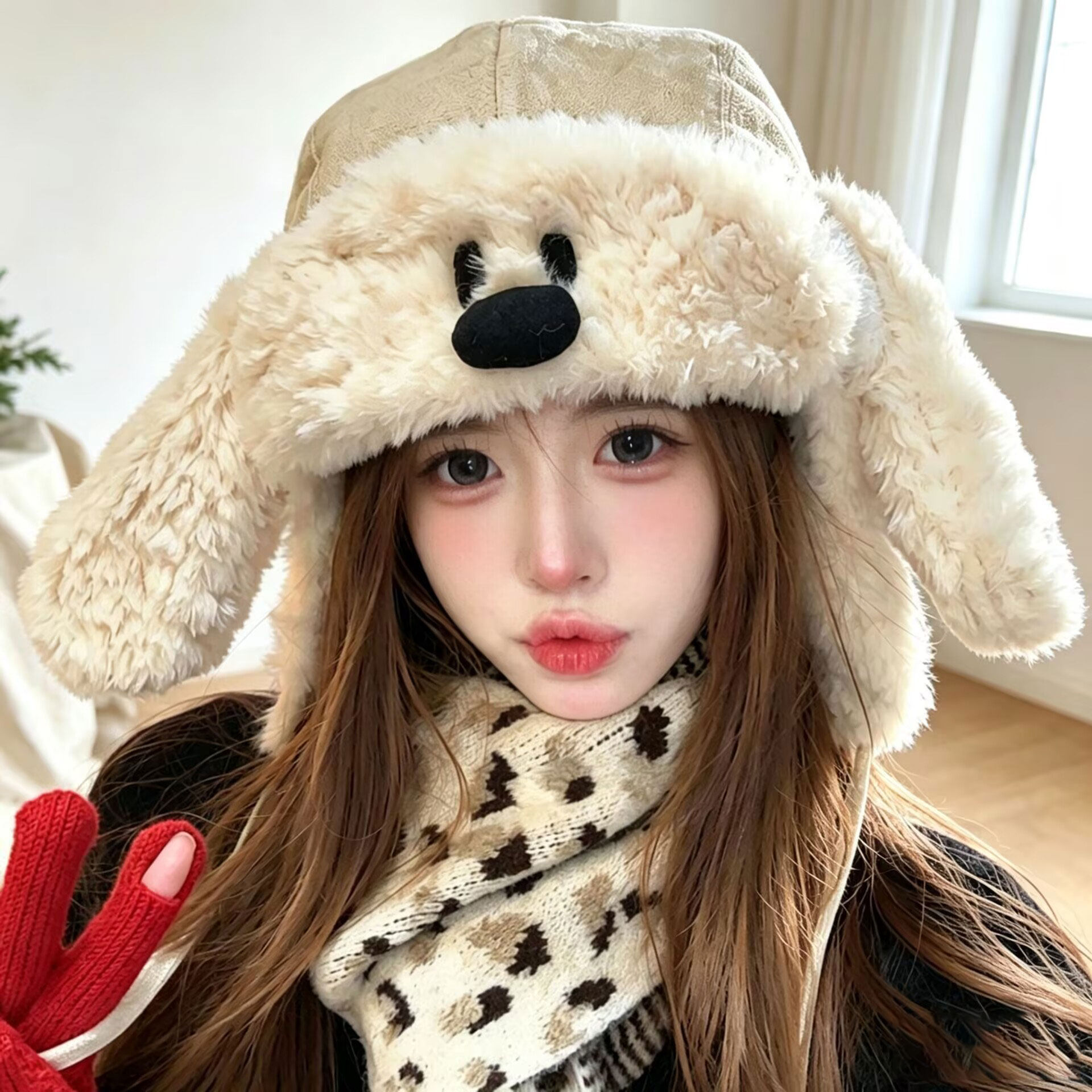 女冬季毛绒小狗耳保暖显脸小帽