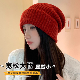 韩版简约大头围红色毛线帽子女秋冬百搭护耳包头帽防寒保暖针织帽