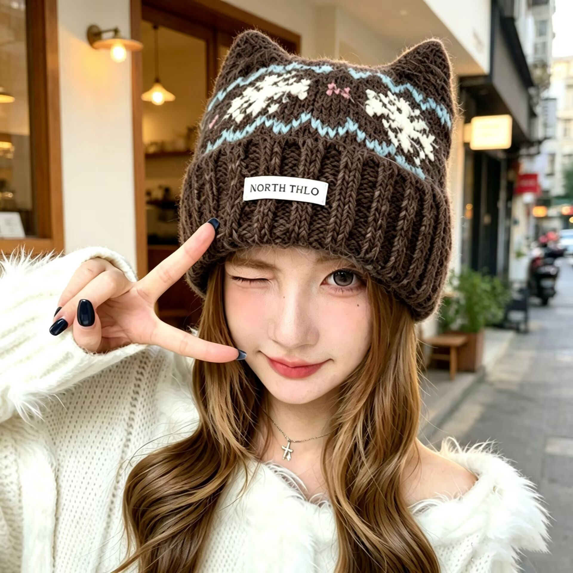 费尔岛风雪花猫耳套头帽女款秋冬加厚保暖针织毛线帽卡通可爱帽子