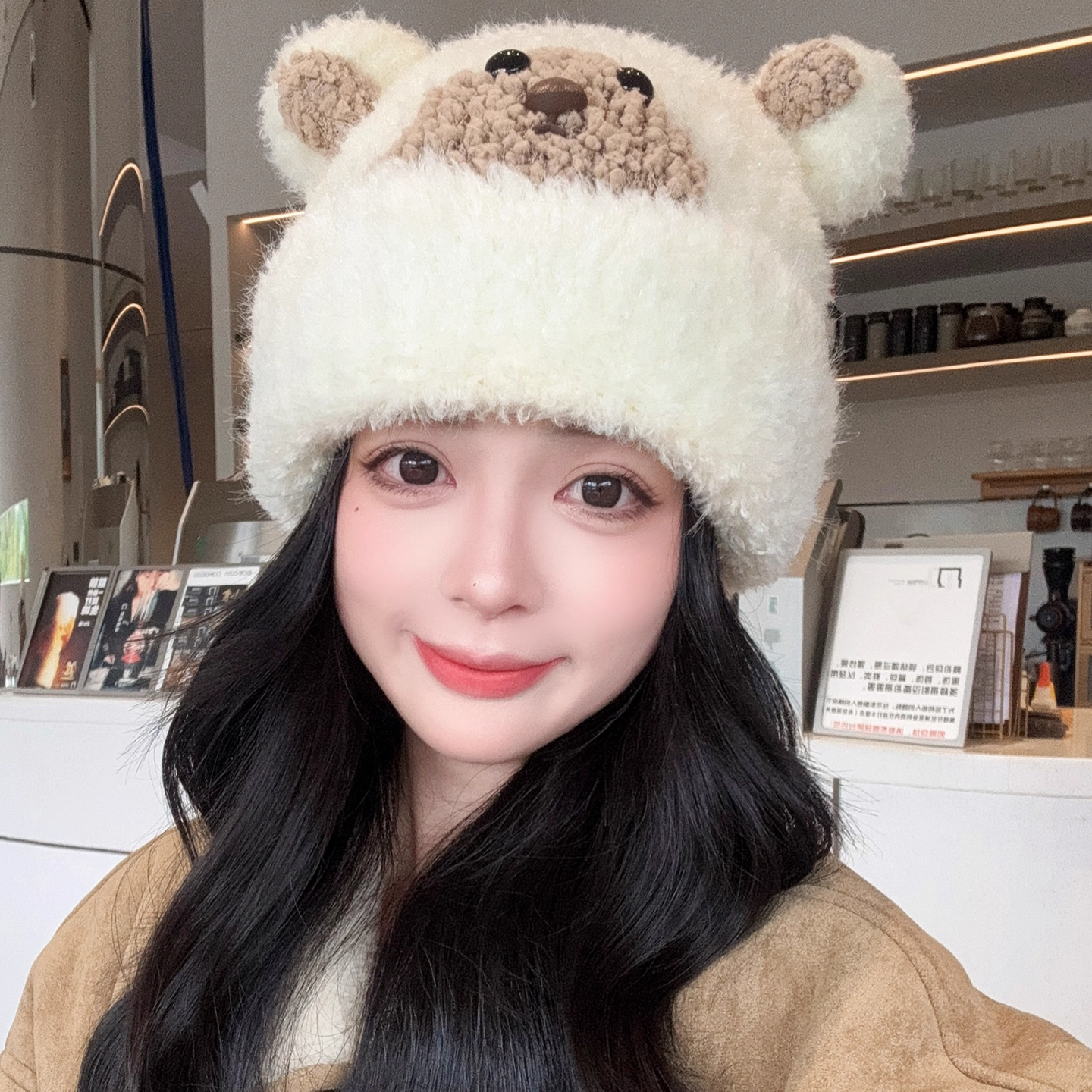 甜美可爱小熊毛绒帽子女秋冬加厚防寒护耳保暖毛线帽时尚针织帽潮