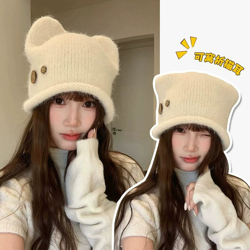 秋冬加厚保暖猫耳针织帽女