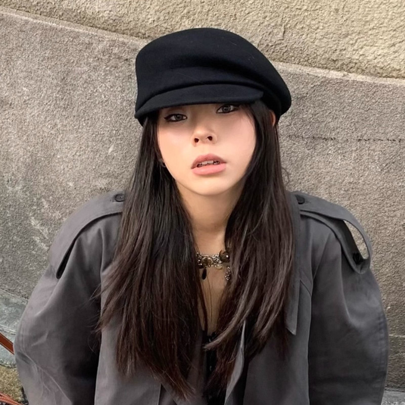 黑色羊毛贝雷帽女大头显脸小画家