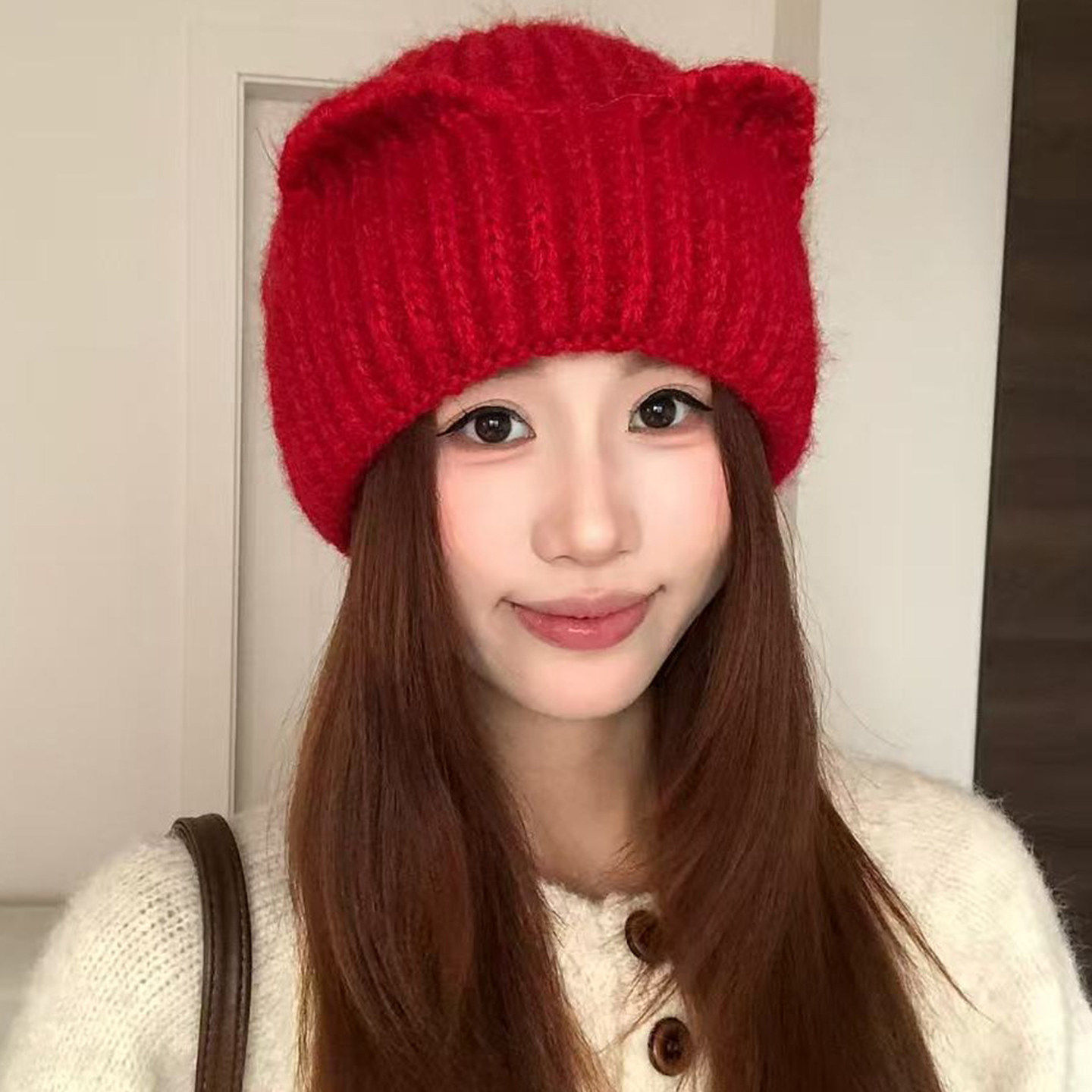 韩版可爱猫耳针织帽女秋冬保暖护耳百搭显脸小毛线帽氛围感包头帽