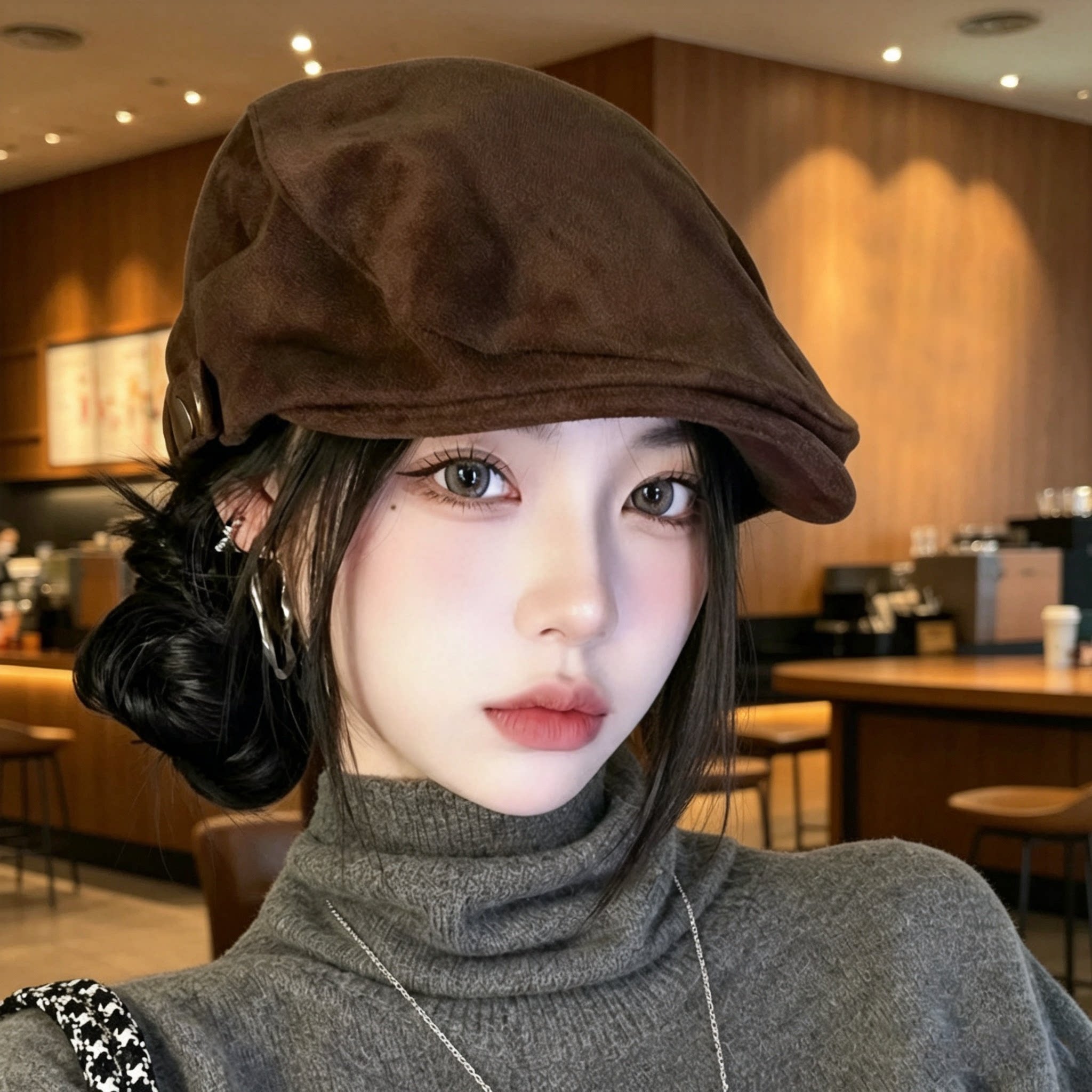 韩系复古麂皮绒显脸小前进帽女