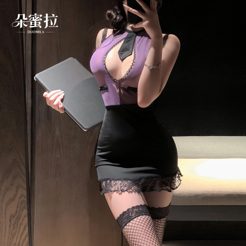 性感前缘多款上紫下黑挂脖蕾丝边超短包臀裙修身秘书制服套装女