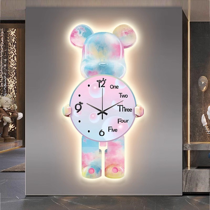 速发带灯熊挂画玄关灯画餐厅装饰画钟表挂钟客厅2024新款壁灯