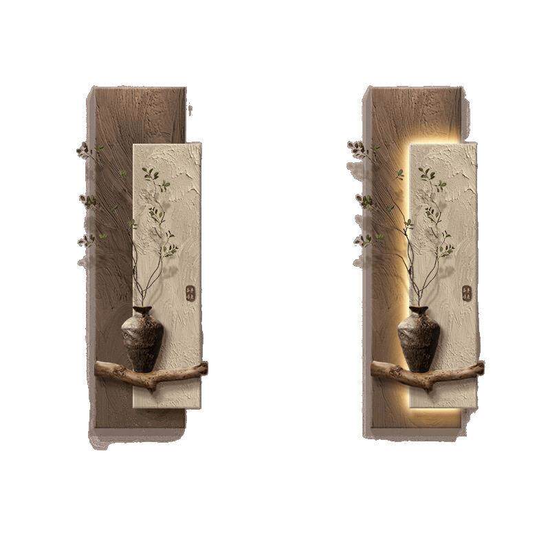 侘寂风绿植玄关装饰画禅意走廊过道挂画立体砂岩入户正对门壁灯画