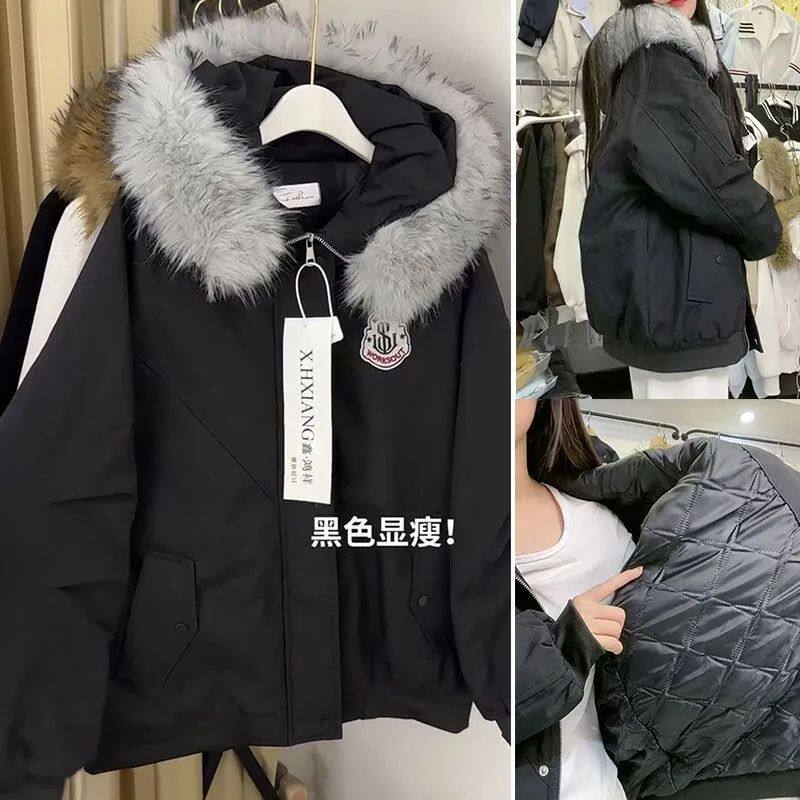 冬新款复古褶皱毛领盾牌棒球棉服女宽松休闲网红棉衣