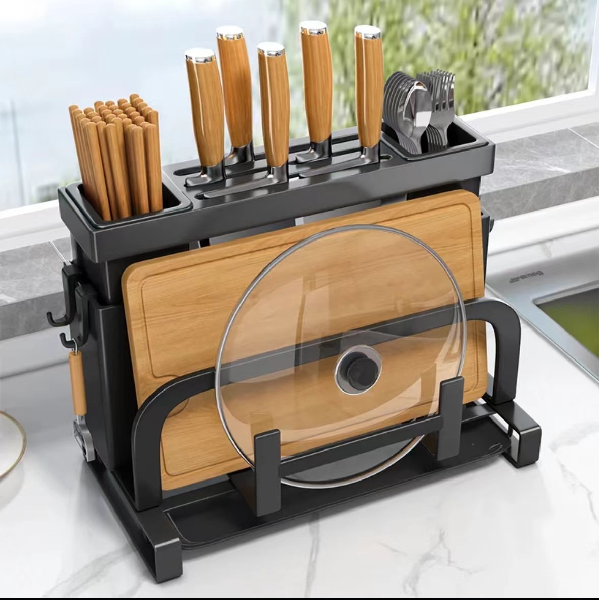 厨房置物架不锈钢免打孔刀架筷子筒砧板锅盖菜板一体多功能放置架