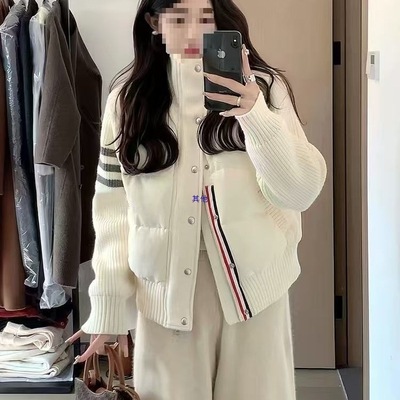 白色休闲羽绒棉服女2024秋冬季新款短款感立领保暖针织外套