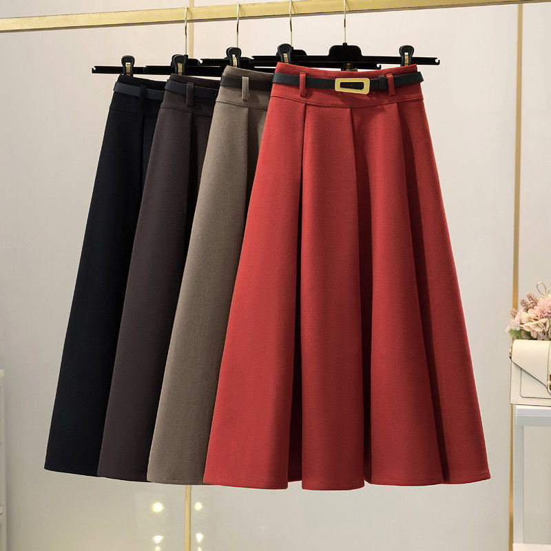 别致感裙秋冬毛呢a字长裙纯色过膝大摆伞裙质感百褶半身昌震