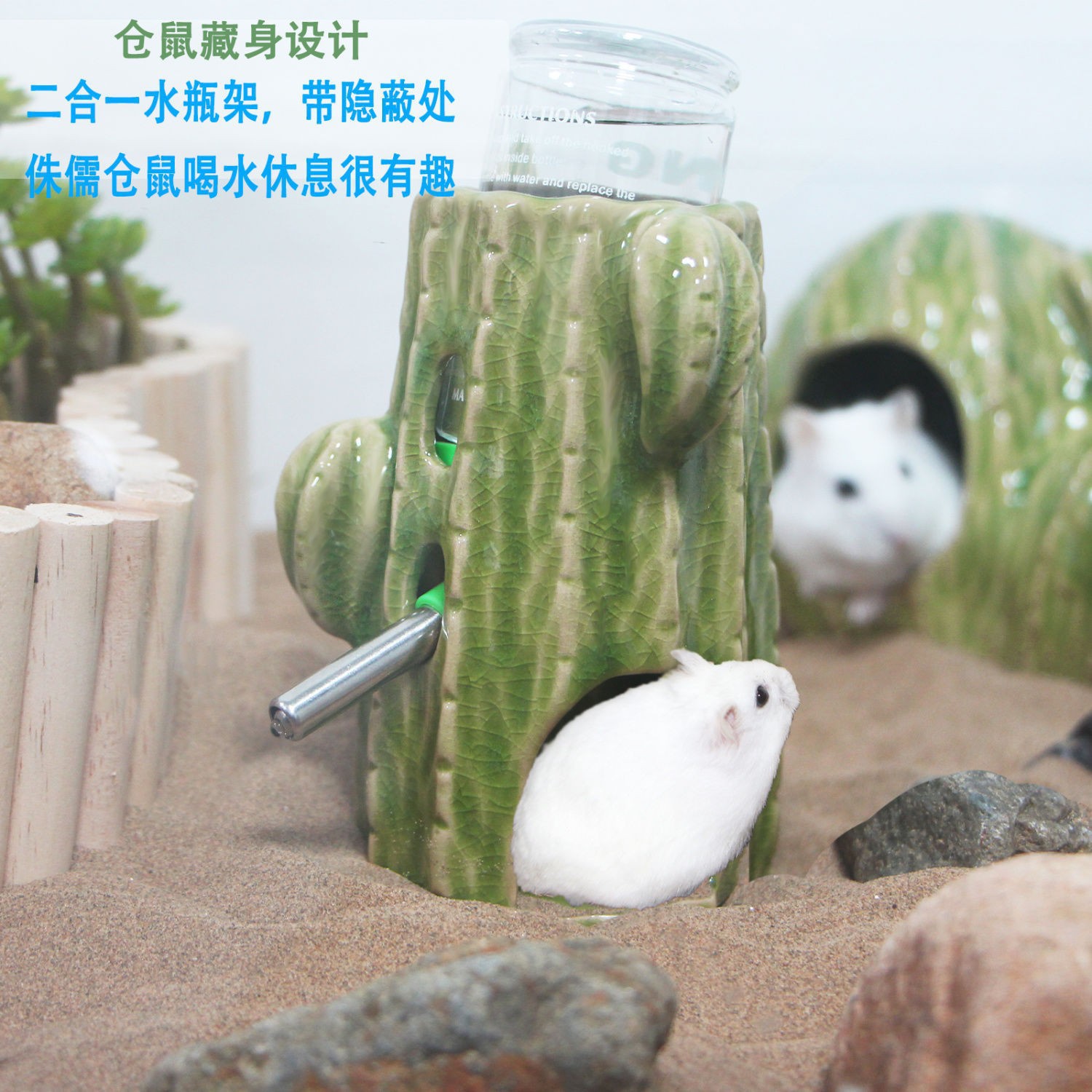 仙人掌水樽陶瓷仓鼠水壶饮水器仓鼠窝陶瓷落地式侏儒防咬造景支架