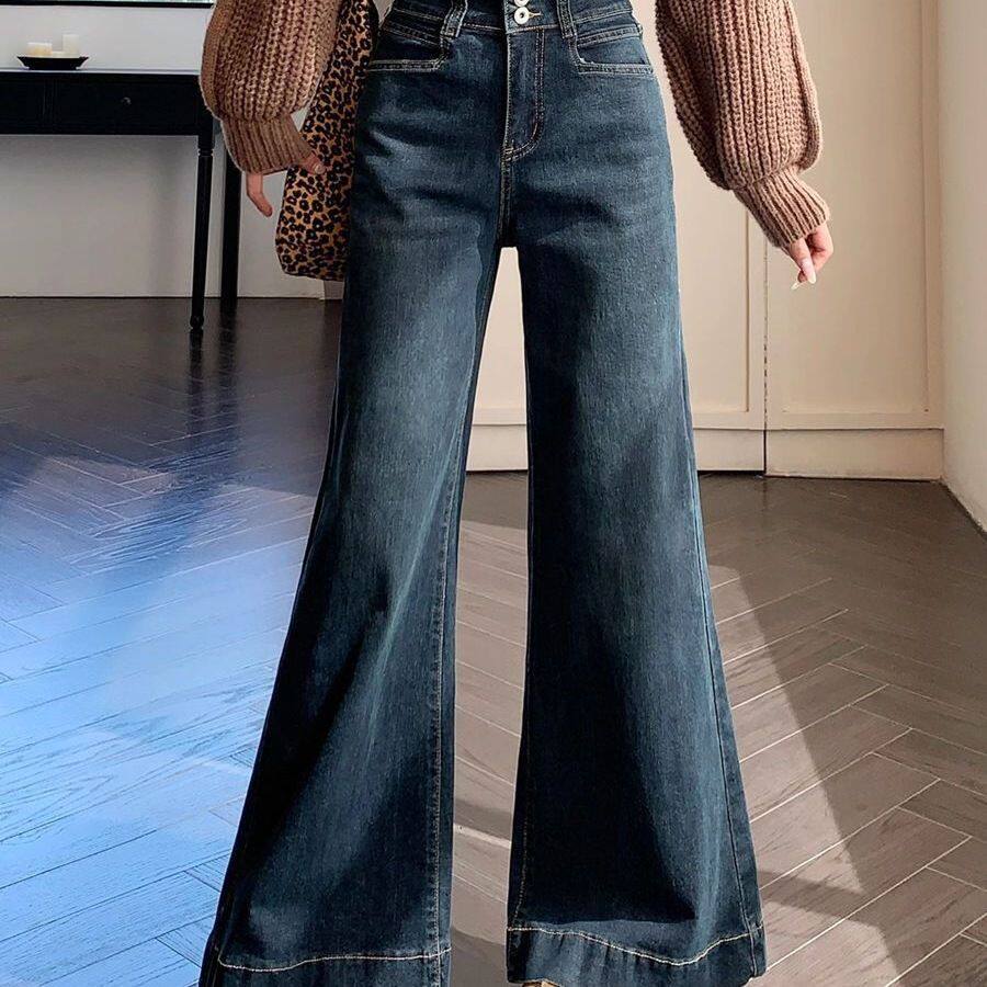 港式复古气质阔腿牛仔裤女小个子宽松显瘦小众百搭喇叭垂感拖地裤