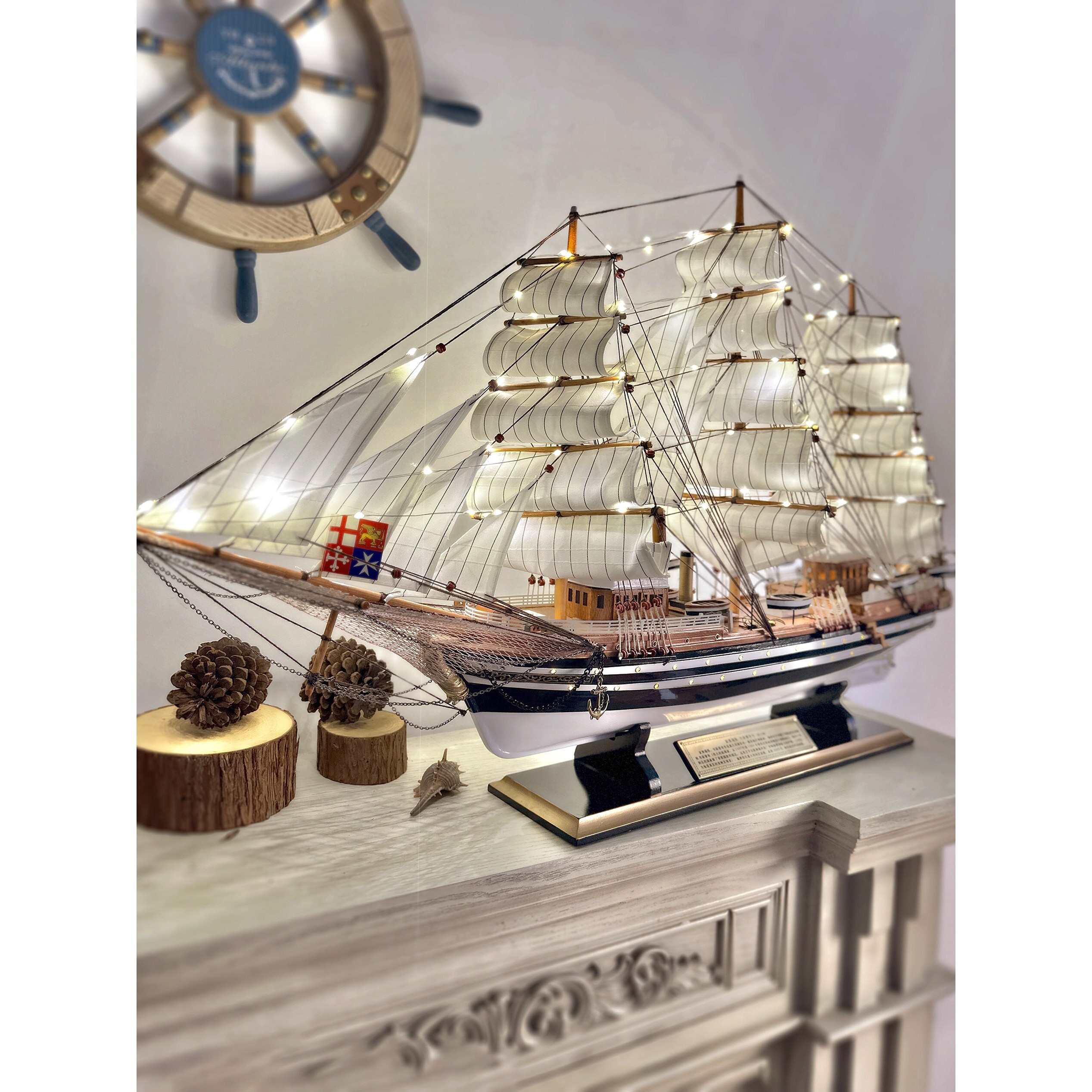 实木质欧式帆船模型家居装饰摆件轻奢乔迁礼物一帆风顺工艺品绢花