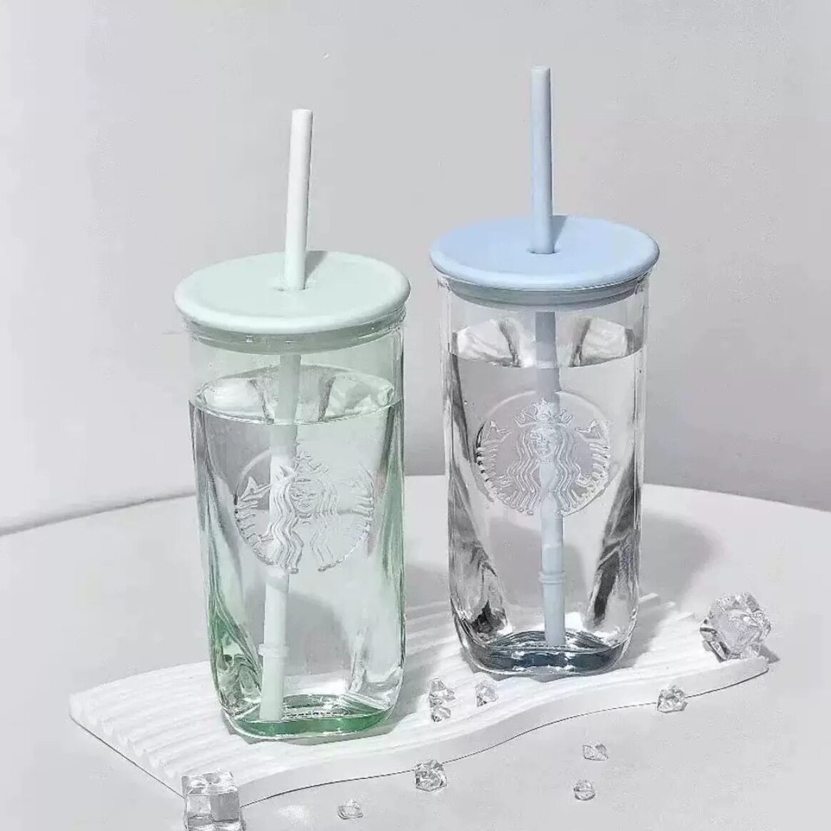 杯子2025年夏季新品自然系列湖水蓝小清新三角形玻璃吸管杯居家【