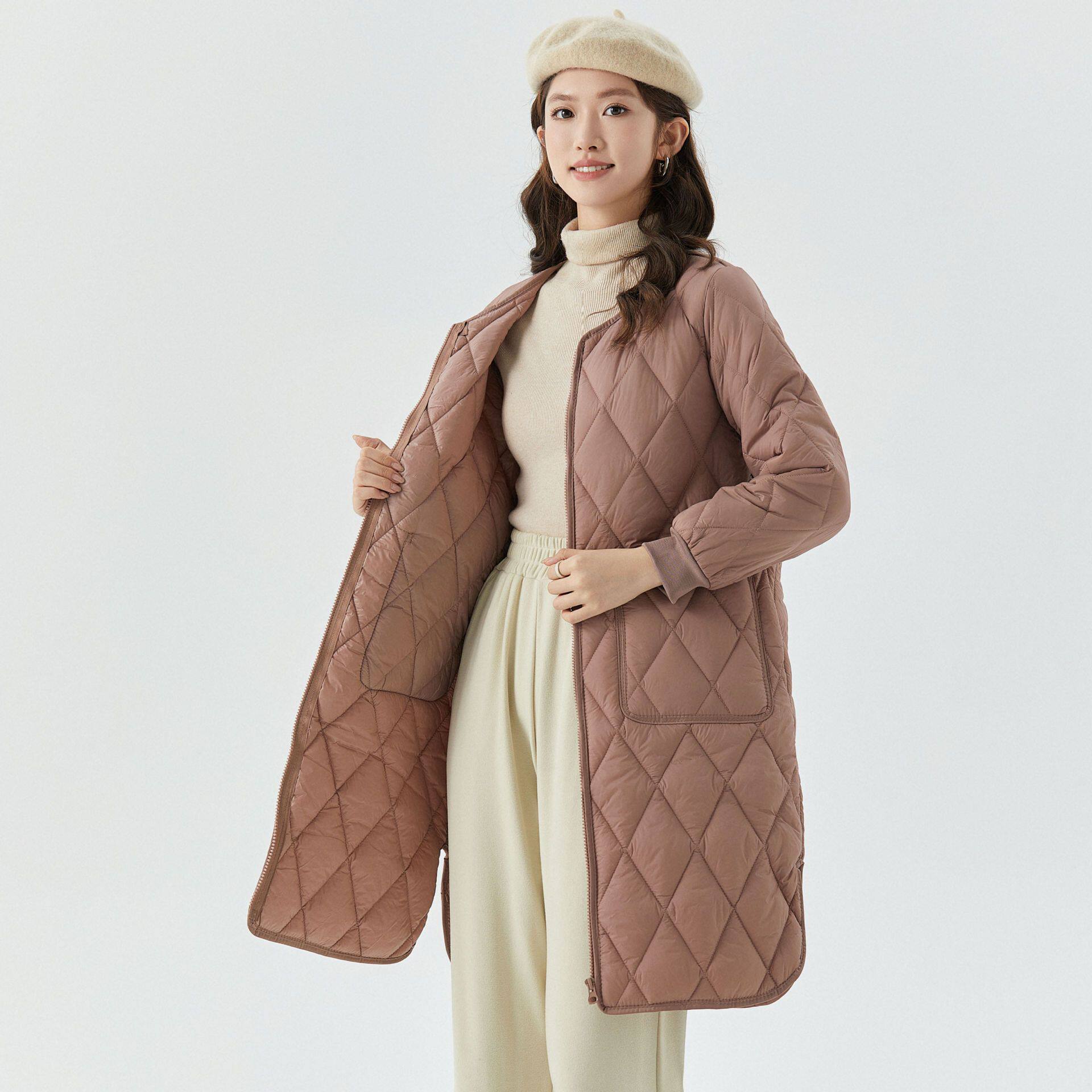 女士加厚保暖长袖夹棉女款家居长款棉衣棉服加绒一体袖子带毛2401