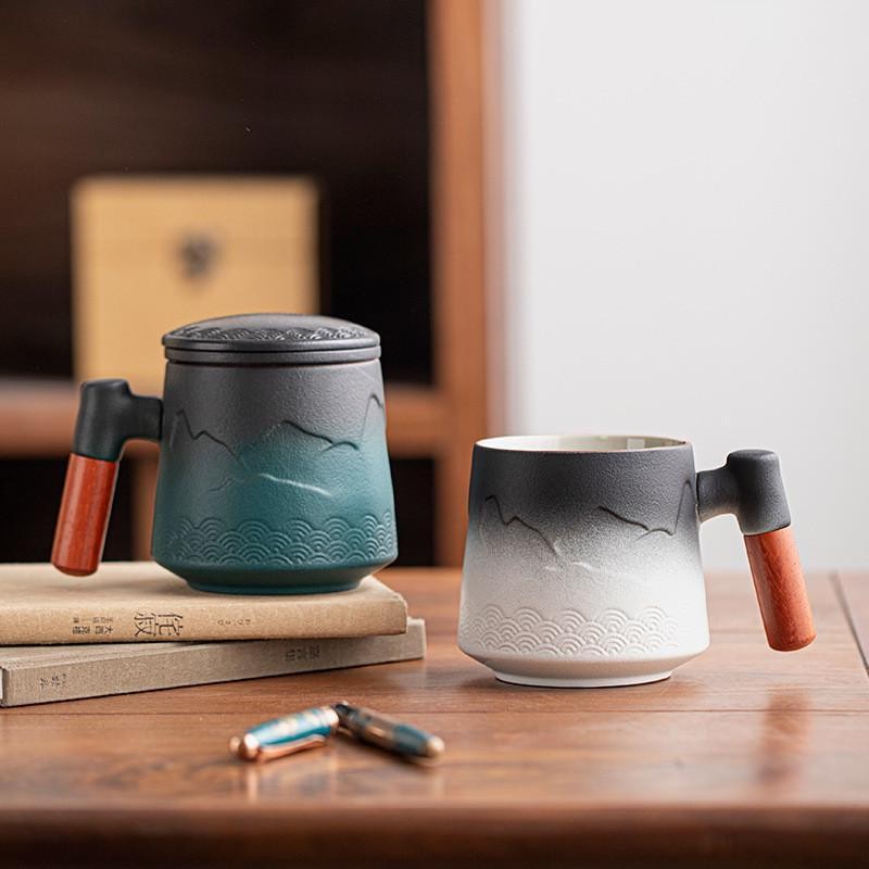 陶瓷茶杯个人茶水分离杯粗陶男女泡茶杯办公水杯带盖过滤杯子