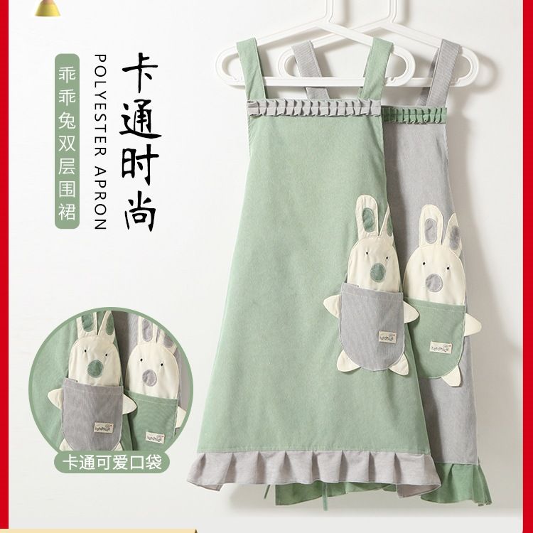 韩版时尚可爱条绒围裙女家用厨房新款做饭防油防水背带围裙工作