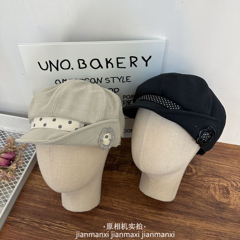 韩系复古花朵波点贝雷帽女春夏薄款小众设计翻檐纽扣八角帽显脸小