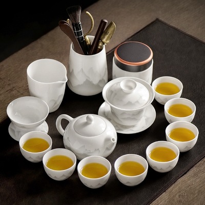 羊脂玉白瓷功夫茶具套装家用陶瓷茶壶盖碗茶盘轻奢高档喝茶杯中式