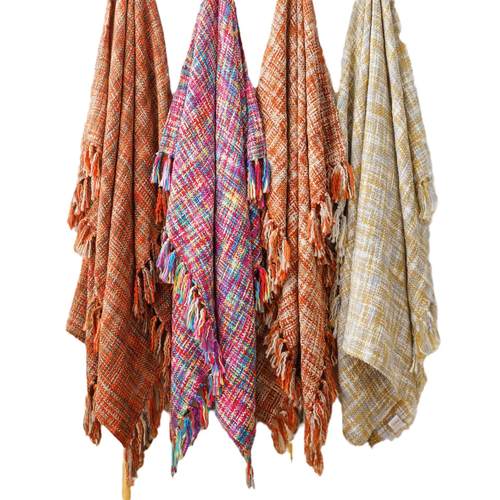 流苏毯子throw北欧沙发盖毯家居休闲毯床尾搭毯搭巾橘色