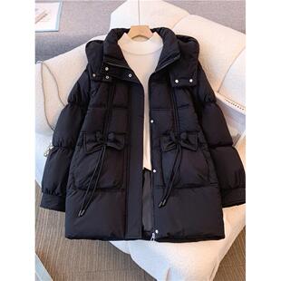 大码设计感连帽黑色羽绒棉服女2025冬季胖mm中长款巨显瘦棉衣外套